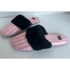 Victoria's Secret Signature Satin Slippers Pink Stripe With Faux Fur Size Large